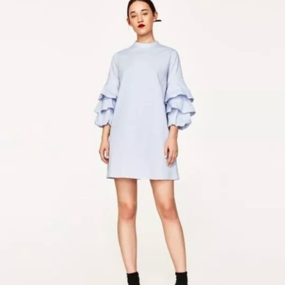 Zara Dresses & Skirts - Zara Basic Poplin Baby Blue Ruffle Sleeve Dress LG